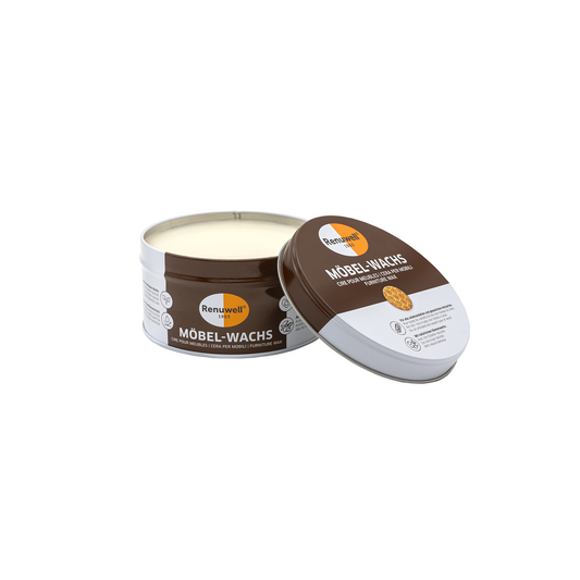 Renuwell Möbel-Wachs mit Bienenwachs in brauner Dose mit geöffnetem Deckel, Produktverpackung und cremefarbener