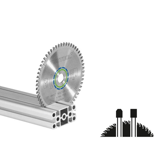 Festool Kreissägeblatt ALUMINIUM/PLASTICS HW mit Hartmetallzähnen, blauer Farbcodierung und Führungsschiene.