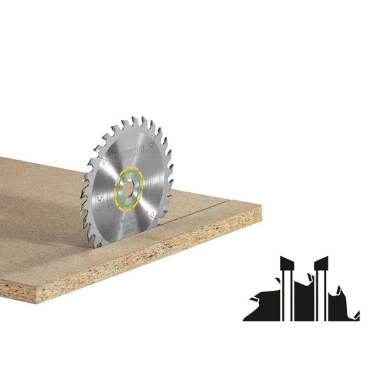 Festool Kreissägeblatt WOOD UNIVERSAL HW mit Hartmetallzähnen auf Holzwerkstoff positioniert, gelbe Farbcodierung sichtbar