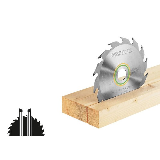 Festool Kreissägeblatt WOOD RIP CUT HW beim Längschnitt in Holz, gelbe Zahncodierung sichtbar