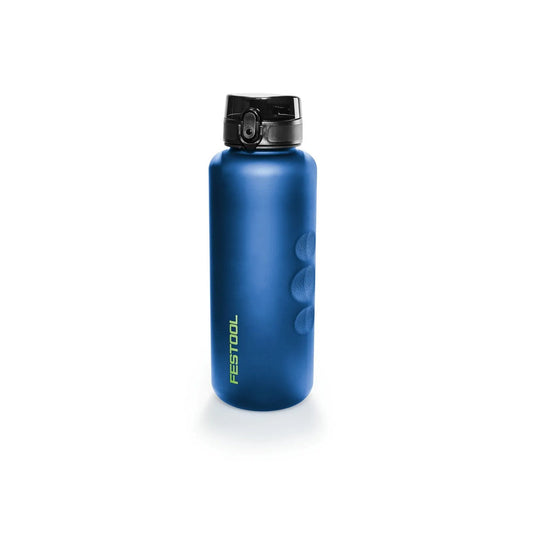 Festool Trinkflasche TFL-FT1 in Blau mit schwarzem Verschluss und Griffflächen, Hauptansicht.