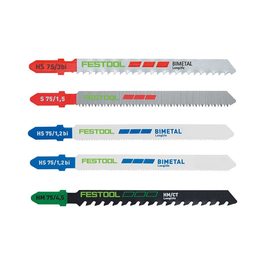 Festool Stichsägeblatt-Set STS-Sort/21 mit fünf verschiedenen Sägeblättern für Kunststoff, Metall und Baustoffe.