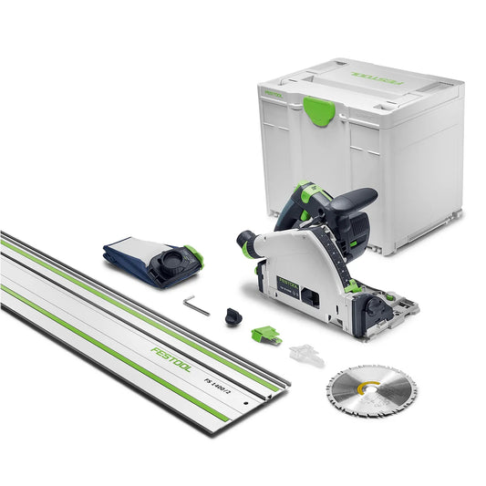 Festool Akku-Tauchsäge TSC 55 mit Systainer, Führungsschiene, Sägeblatt und Zubehör im Lieferumfang.