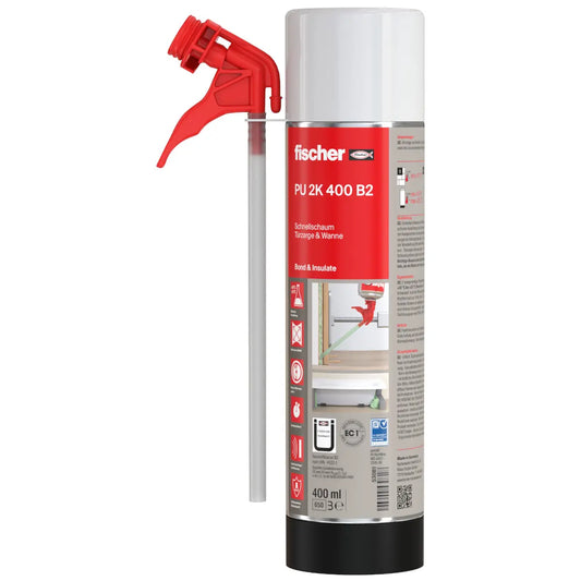 fischer PU 2K 400 B2 Schnellschaum Spraykanister mit rotem Sprühventil, 400 ml Gebinde