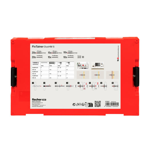 Fischer FixTainer DuoHM S Rückseite mit technischen Daten und Montageanleitung