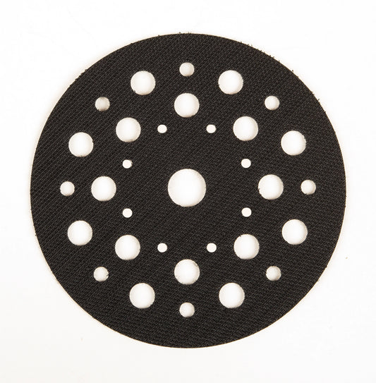 Mirka Schutzauflage 125mm Klett mit Lochung, schwarze Oberseite und weiße Befestigungslöcher für Schleifteller.
