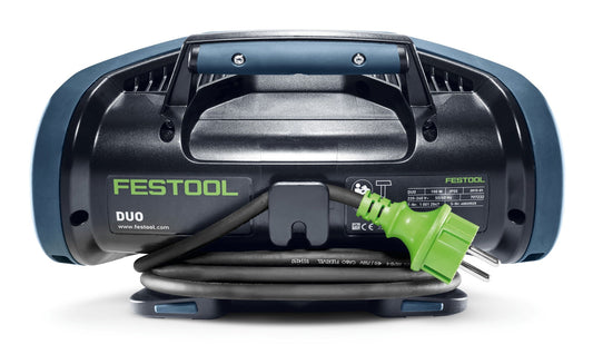 Festool SYSLITE DUO Baustrahler Rückseite mit grünem Stromstecker und integrierter Kabelaufwicklung