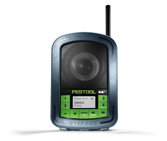 Festool SYSROCK BR 10 DAB+ Digitalradio mit grünen Bedienelementen, Display und flexibler Antenne, Frontansicht.