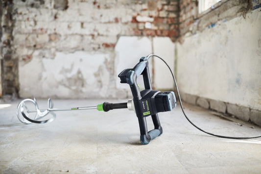 Festool Wendelrührer mit M14-Aufnahme auf Baustelle, linksgängige Wendel für Dispersionsfarben und Lacke.