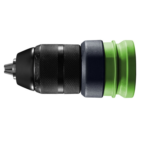 Festool Schnellspannbohrfutter KC 13 KHC mit grünem Schutzring und Hartmetall-Spannfasen, Seitenansicht.