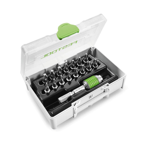 Festool Bit-Sortiment SYS3 XXS CE-PZ mit 15 PZ-Bits und magnetischem CENTROTEC Bithalter BHS 60 in transparentem Systainer.