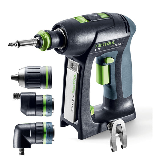 Festool C 18 Akku-Bohrschrauber mit FastFix-Schnittstelle, Winkelaufsätzen und CENTROTEC Schnellwechselsystem.