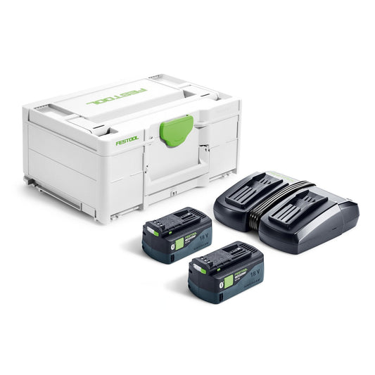 Festool Energie-Set SYS 18V mit Systainer, zwei BP 18 Li 5,0 HP-ASI Akkupacks und TCL 6 DUO Schnellladegerät.