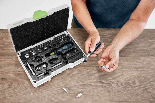 Festool Ratschen-Set SYS3 S 76 geöffnet mit Steckschlüsseln, Bits und Zubehör im Mini-Systainer