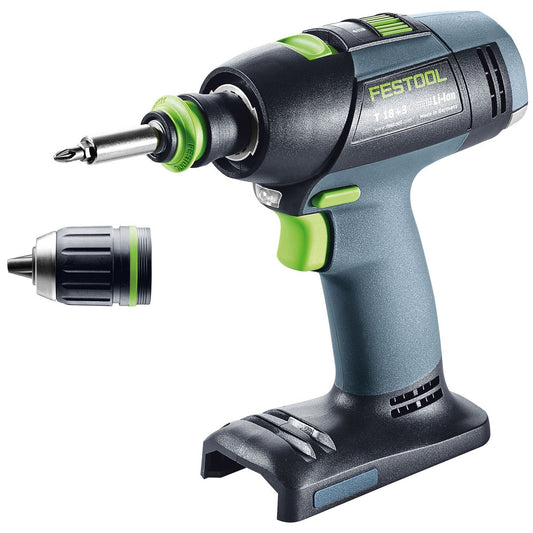 Festool T 18+3 Akku-Bohrschrauber mit CENTROTEC Schnellwechselsystem und austauschbaren Bits in Anwendung