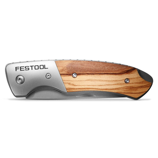 Festool Arbeitsmesser KN-FT1 Klappmesser mit Olivenholz-Griffschale und Edelstahl-Klinge, Seitenansicht