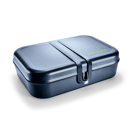 Festool Lunchbox dunkelblau mit Clipverschluss und grünem Festool-Logo, nachhaltige Zellulose-Behälter.