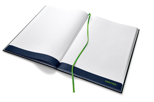 Festool Notizbuch NB-FT1 Hardcover DIN A4 offen mit grünem Lesezeichen und kariertem Innenteil