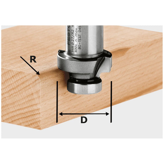 Festool Abrundfräser HW mit Hartmetallschneiden an Holz, Radius R und Durchmesser D gekennzeichnet