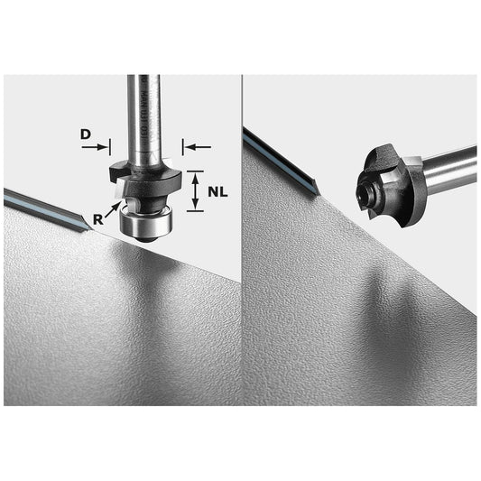 Festool Abrundfräser HW mit Hartmetallschneiden bei der Anwendung zum Profilieren von Kanten, Detailansicht des Fräskopfs