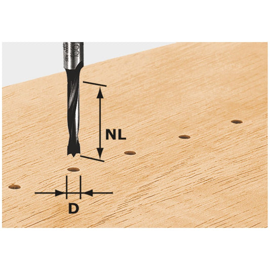 Festool Dübelbohrer HW mit Hartmetall-Fräser beim präzisen Bohren von Dübellöchern in Holz, Durchmesser und