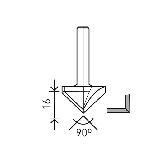 Festool Gipskartonfräser HW mit 90° Schneidenwinkel, Technische Zeichnung mit Abmessungen und Schnittwinkel.