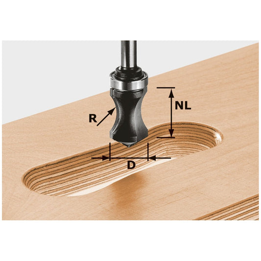 Festool Griffleistenfräser HW beim Fräsen einer Griffmulde in Holz mit Kennzeichnung von Radius, Durchmesser und Nuttiefe.