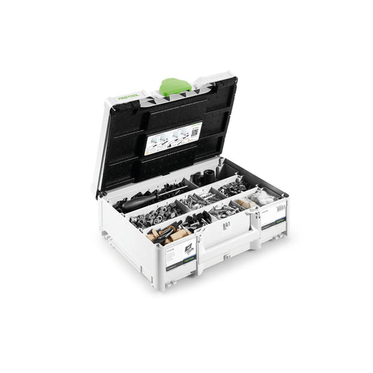 Festool DOMINO Verbinder Sortiment KV-SYS D8 in geöffnetem Systainer mit organisierten Verbindern und Zubehör