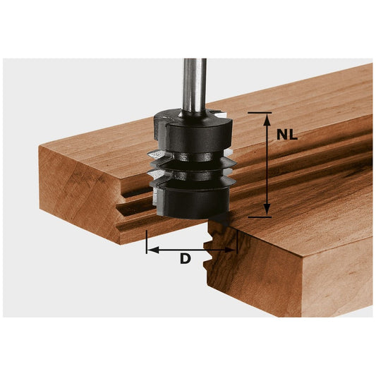 Festool Verleimfräser HW S8 D34/NL32 beim Fräsen von Massivholz mit Darstellung der Schnitttiefe NL und Durchmesser D