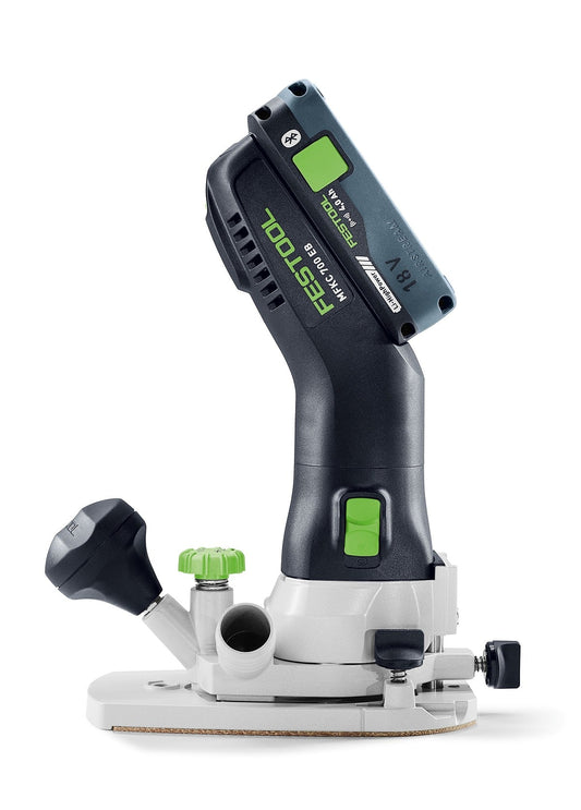 Festool Akku-Modul-Kantenfräse MFKC 700 EB-Basic mit wechselbarem Frästisch und grünem Griff in Seitenansicht