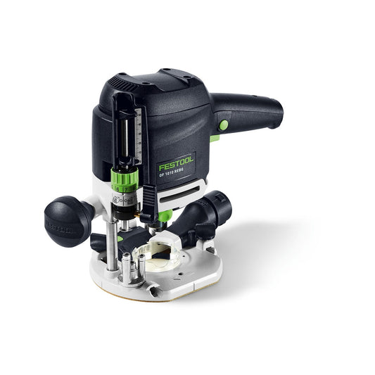 Festool Oberfräse OF 1010 REBQ-Plus mit Motor, Frästisch und LED-Lichtring in Frontansicht