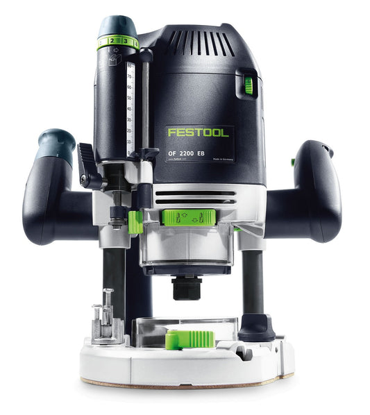 Festool Oberfräse OF 2200 EB mit schwarzem Motorgehäuse, weißer Grundplatte, grünen Bedienelemente und