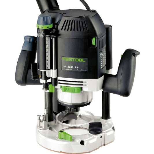 Festool Oberfräse OF 2200 EB-Plus Hauptansicht mit Tiefenverstellung, Doppelgriffen und weißer Basisplatte