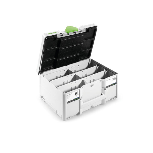 Festool Systainer³ SORT-SYS3 M 187 DOMINO offen mit Schaumeinlage und herausnehmbaren Einsatzboxen zur Aufbewahrung von