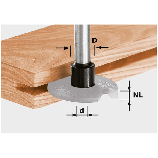 Festool Frässpindel S8 D14 mit Scheibenfräser an Holzwerkstück, Maße und Anschlagabstand markiert