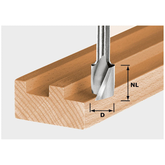 Festool Spiralnutfräser HW 8mm Schaft bei Nutation in Holz mit Dimensionsangaben D und NL