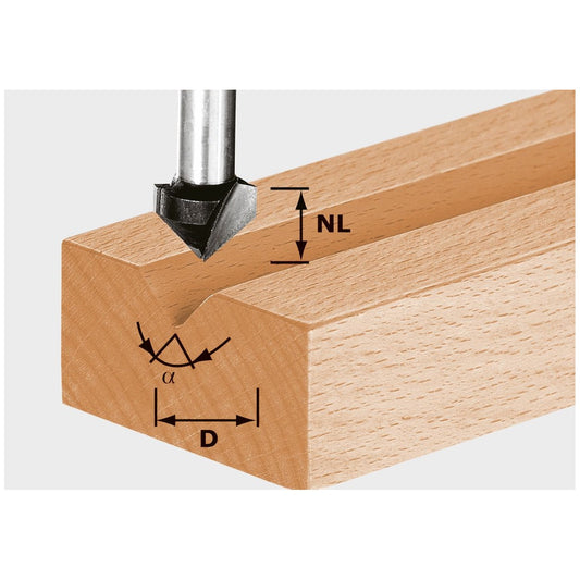 Festool V-Nutfräser HS beim Fräsen einer V-Nut in Holz mit Kennzeichnung von Nuttiefe NL, Winkel α und Durchmesser D