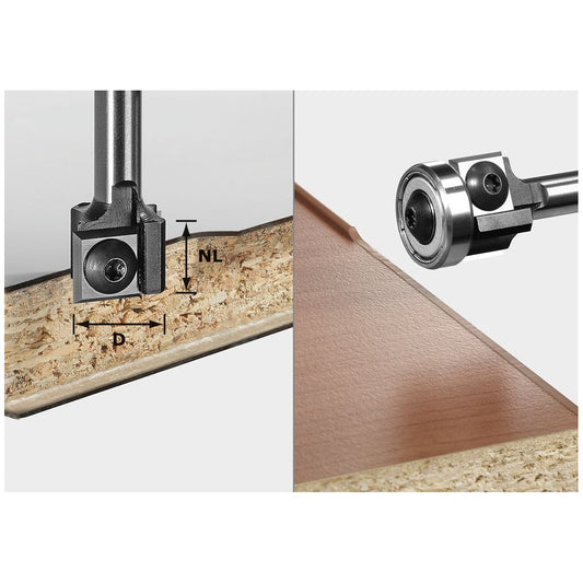 Festool Bündigfräser mit Anlaufkugellager bei der Anwendung an Holzwerkstück, Detailansicht der Wendeplatte und Fräsermaße.