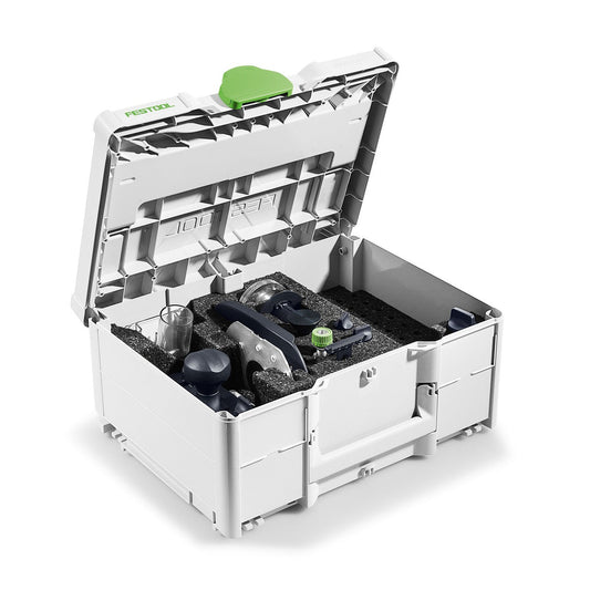 Festool Zubehör-Set ZS-OF 1010 M geöffnet im Systainer mit Oberfräsen-Zubehör und Kopierringen