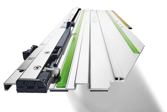 Festool Kappschiene FSK 250 mit Schnellverschluss, Schiene und Zubehörkomponenten in Draufsicht
