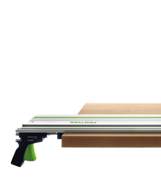 Festool Schnellspanner FS-RAPID/L mit Schwenkbereich nach links, montiert an Führungsschiene, schwarze Kunststoffbasis mit