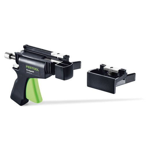 Festool FS-RAPID/R Schnellspanner mit grünem Griff und separat montierter Klemmbasis zur Führungsschienenfixierung.