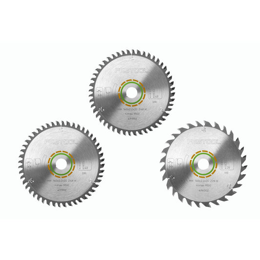 Festool Kreissägeblatt-Set KSB-SORT/3 W mit drei Sägeblättern 160x2,2 mm Hartmetall