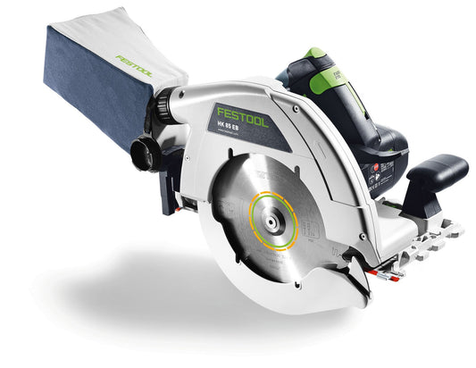 Festool Handkreissäge HK 85 EB-Plus-FS mit Sägeblatt, Führungsschiene und Zubehör in Draufsicht
