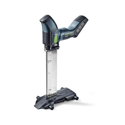 Festool ISC 240 EB-Basic Akku-Dämmstoffsäge mit Schneidgarnitur auf Ständer, Frontalansicht