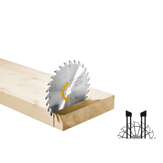 Festool Kreissägeblatt WOOD UNIVERSAL HW schneidet durch Vollholz, mit Hartmetallzähnen und gelben Markierungen sichtbar.