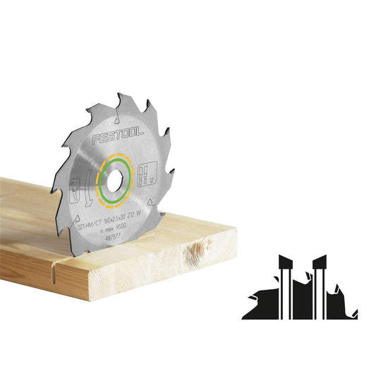 Festool Kreissägeblatt WOOD STANDARD HW bei Schnittanwendung in Holz auf Handkreissäge, Hartmetallzähne sichtbar.