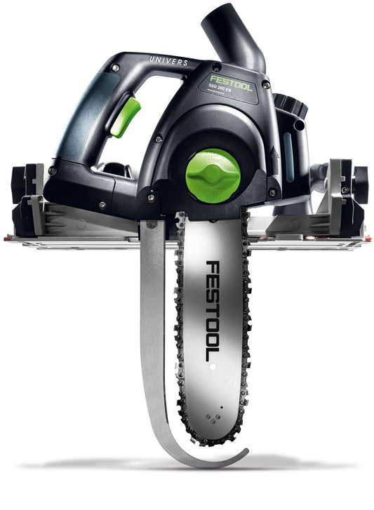 Festool Schwertsäge SSU 200 EB-Plus Frontalansicht mit Alu-Druckgusstisch und Kettensägeblatt auf Weiß