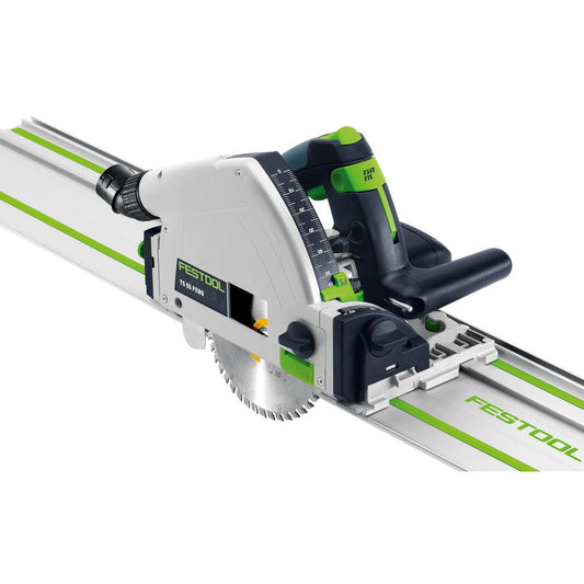 Festool TS 55 FEBQ-Plus-FS Tauchsäge auf Führungsschiene mit Sägeblatt und Spalterkeil
