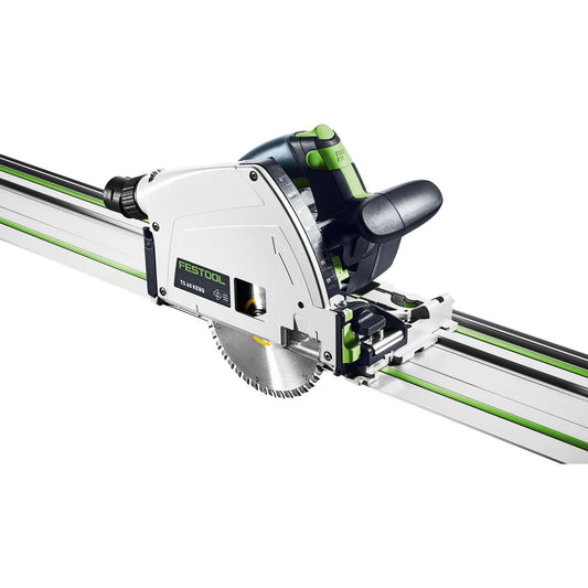 Festool Tauchsäge TS 60 KEBQ-Plus-FS auf Führungsschiene, weißer Motor mit grünen Griffen und Sägeblatt